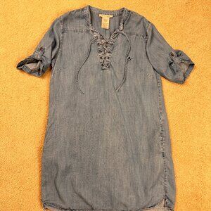 Philosophy V-Neck Roll Sleeve Shirt Dress Tencel Chambray Blue Women's Large